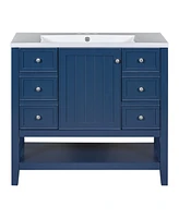 36" Bathroom Vanity with Sink Combo, One Cabinet and Three Drawers, Solid Wood and Mdf Board, Blue