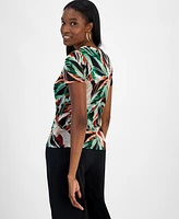 Bar Iii Women's Palm Print Short-Sleeve Mesh Top, Exclusively at Macy's
