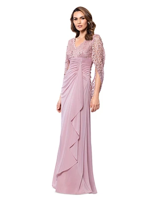 Betsy & Adam Petite Draped Lace Back Gown