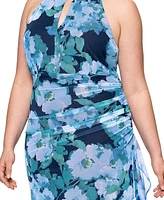 Betsy & Adam Plus Printed High-Neck Sleeveless Mesh Dress