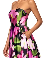 Betsy & Adam Women's Floral Print Strapless Ball Gown