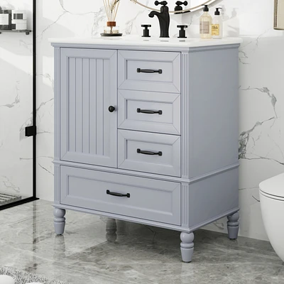 30" Grey Bathroom Vanity Cabinet with Sink and Storage