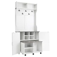 Farmhouse 4-in-1 Hall Tree with Barn Doors: Movable Bench, Hooks, Shoe Storage, & Wheels