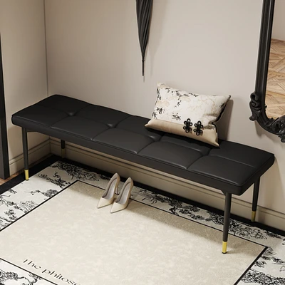 59" Black Shoe Bench with Gold Accents: Faux Leather Cushion, Metal Legs