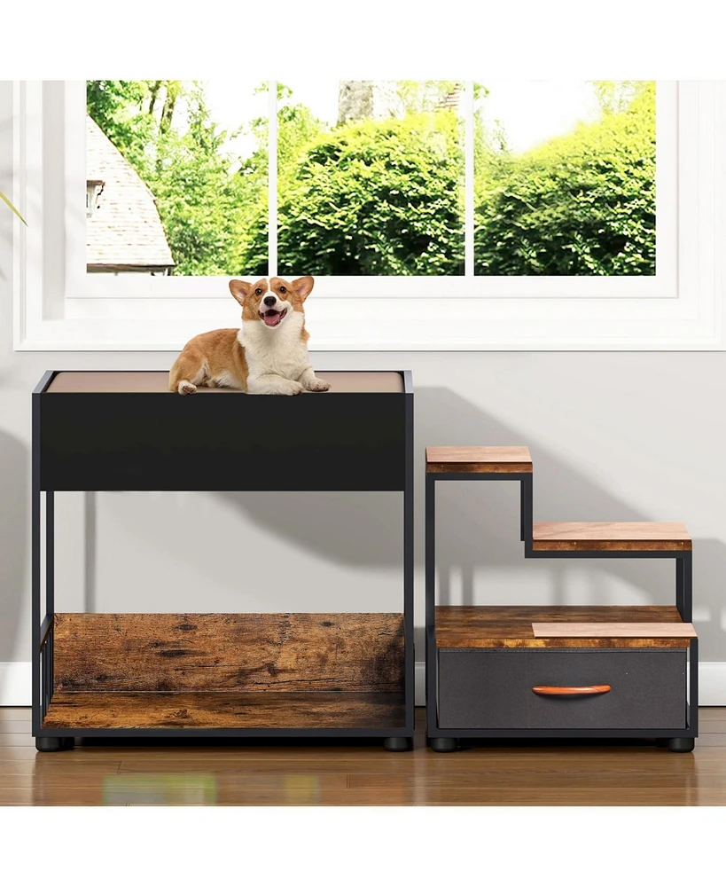 Pet Step Window Perch,Bunk Beds Window Perch for Dogs Bedside Lounge Elevated Dog Bed Multi-Level Platform with sponge, Non-Slip Pad and Storage,Vinta