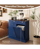 Two-Compartment Tilt-Out Trash Cabinet, Pet Proof Kitchen Cabinet with Can, Free Standing Laundry Sorter Hamper