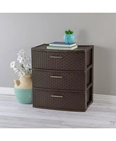 Sterilite 3 Drawer Wide Weave Storage Tower, Plastic Organizer Drawers, Brown