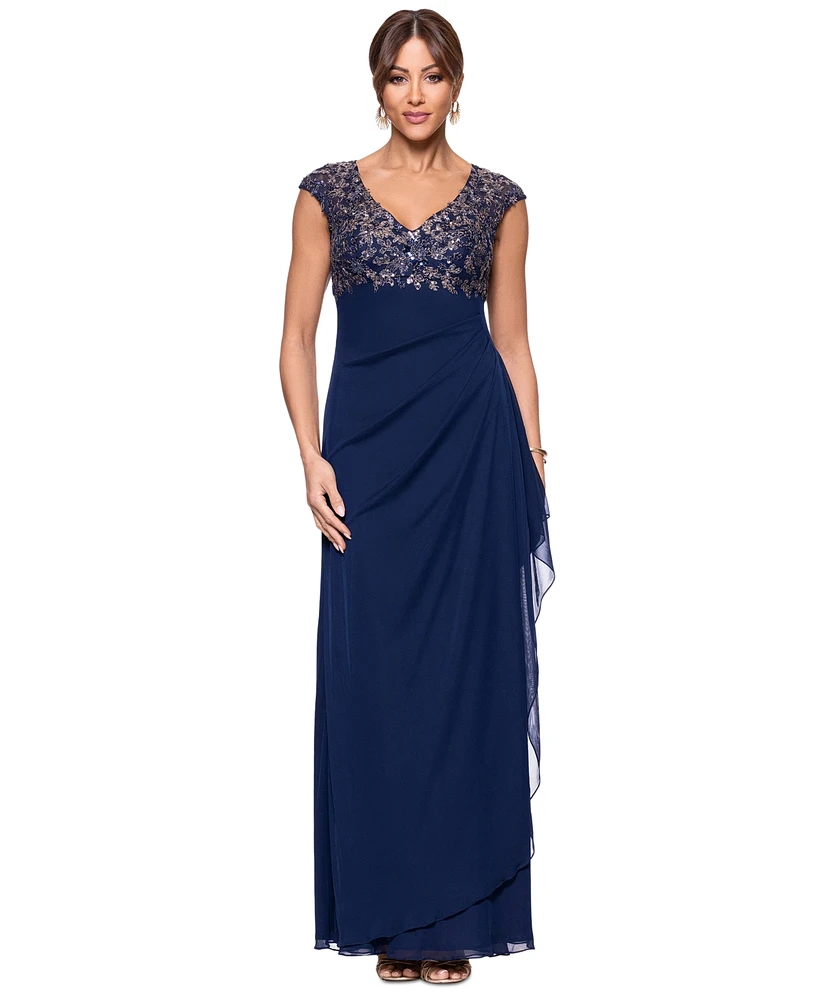 Xscape Petite Beaded Ruched-Back Gown