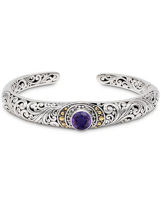 Devata Amethyst & Bali Filigree Cuff Bracelet in Sterling Silver and 18K Gold Accents, Small
