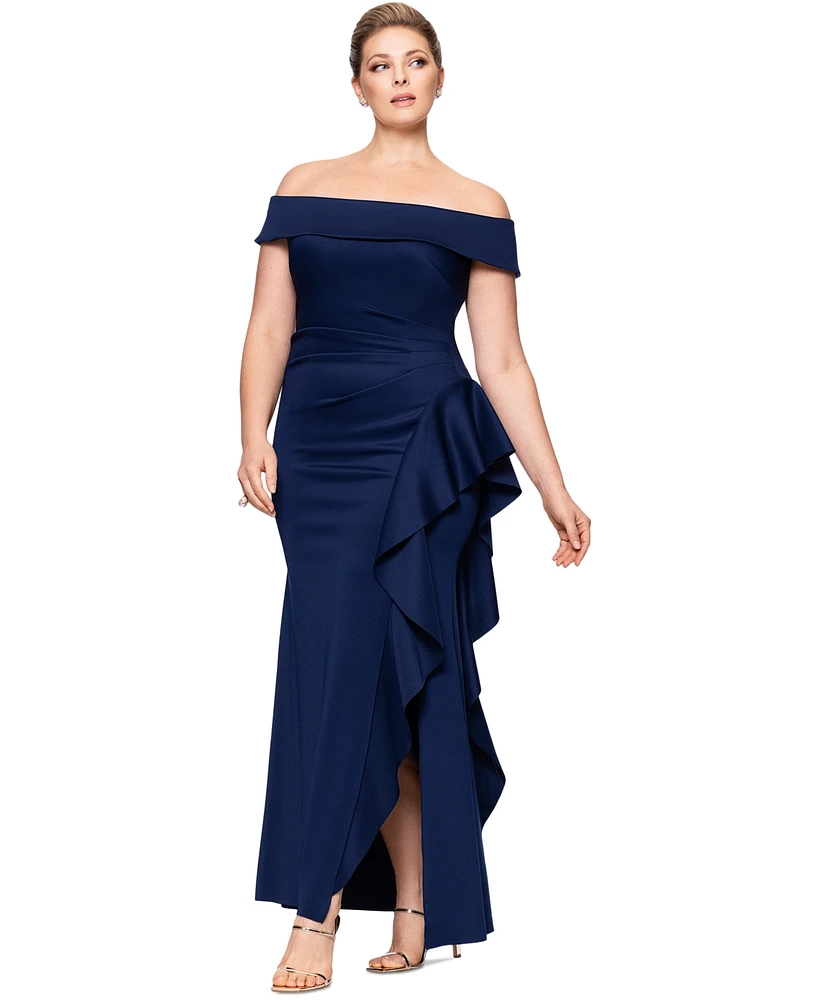 Xscape Plus Off-The-Shoulder Ruffle-Trim Scuba Gown