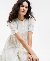 Style & Co Women's Cotton Embroidered Lace-Inset Midi Dress, Exclusively at Macy's