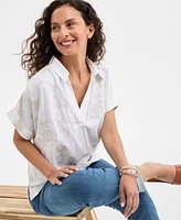 Style & Co Women's Split-Neck Collared Embroidered Top, Exclusively at Macy's