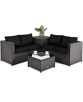 Gymax Set of 4 Patio Rattan Furniture Set Cushioned Loveseat Storage Table Outdoor