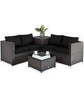 Gymax Set of 4 Patio Rattan Furniture Set Cushioned Loveseat Storage Table Outdoor