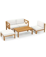 Gymax Set of 5 Conversation Furniture Set w/ 3 Chairs 1 Ottoman & 1 Coffee Table