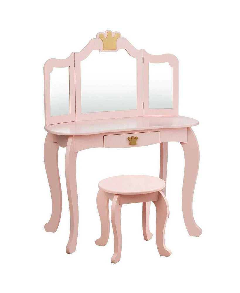 Kids Makeup Dressing Table with Tri-folding Mirror and Stool