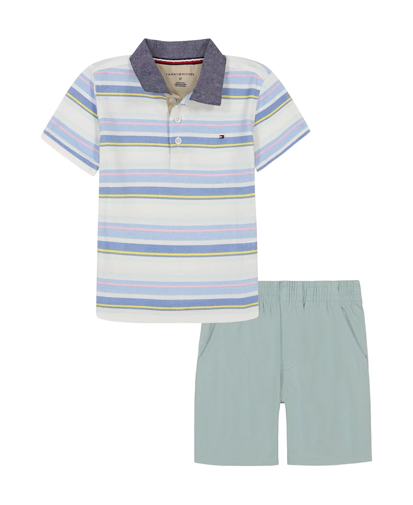 Tommy Hilfiger Toddler Boys 2-Piece Multi Stripe Polo Shirt and Twill Shorts Sets