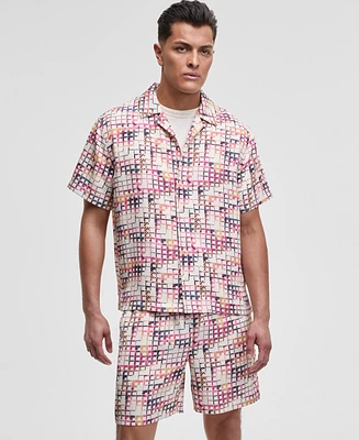 Mode of One Men's Squared Up Relaxed-Fit Geo-Print Button-Down Shiny Twill Camp Shirt, Exclusively at Macy's