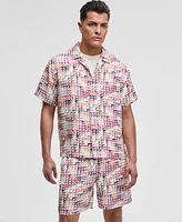 Mode of One Men's Squared Up Relaxed-Fit Geo-Print Button-Down Shiny Twill Camp Shirt, Exclusively at Macy's