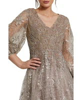 Women's Embellished Plunge Neck Puff Sleeve A Line Gown