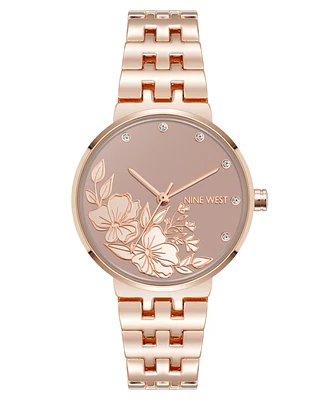 Nine West Women's Quartz Rose Gold-Tone Metal Alloy Embossed Floral Dial Watch, 32mm