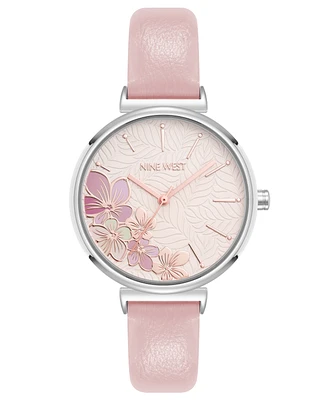Nine West Women's Quartz Boyfriend Silver-Tone and Light Pink Polyurethane Leather Band Watch, 36mm