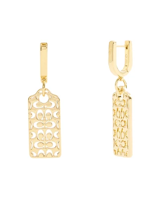 Coach Gold Signature Quilted Hangtag Charm Huggie Earrings