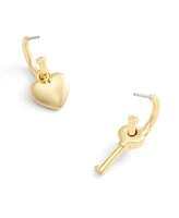 Coach Gold Tone Heart and Key Mismatch Charm Huggie Earrings