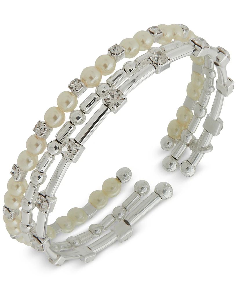 Anne Klein Silver-Tone 3-Pc. Set Crystal & Imitation Pearl Cuff Bracelets