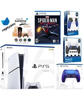 Sony Playstation 5 Slim Disc Bundle with Spider-Man: Miles Morales, Extra Chroma Indigo Controller, Trigger Stop Kit, Fps Grip Kit and MightySkins Dec