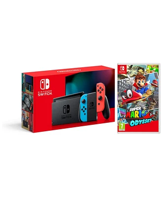 Nintendo Switch 32GB Console with Neon Joy-Con Controller and Super Mario Odyssey Game Bundle