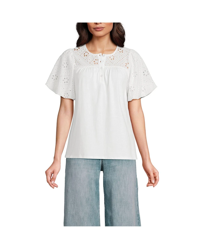 Lands' End Women's Eyelet Crew Puff Sleeve Top