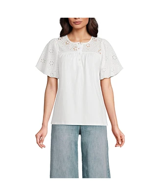 Lands' End Women's Eyelet Crew Puff Sleeve Top