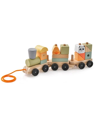 3-Section Toy Wooden Train Set with Stackable Building Blocks