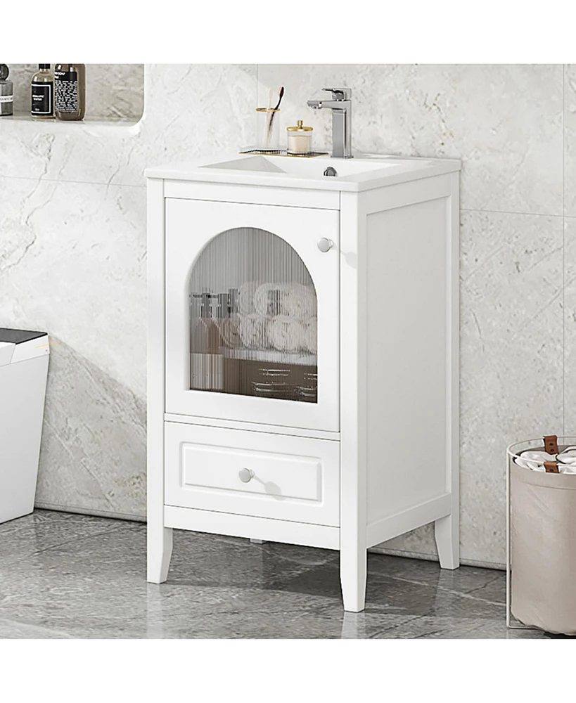 20" Bathroom Vanity with Sink, Bathroom Cabinet with Soft Closing Glass Door, A Drawer, White