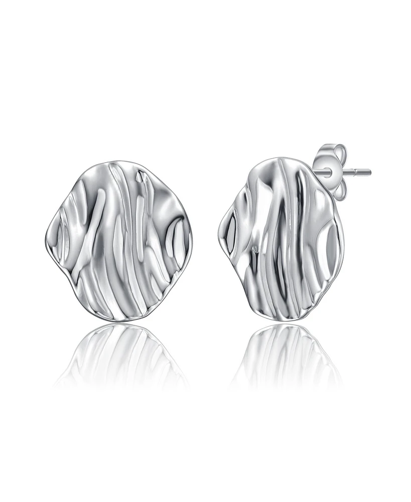 Sterling Silver White Gold Plated Rippled Surface Stud Earrings