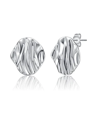 Sterling Silver White Gold Plated Rippled Surface Stud Earrings