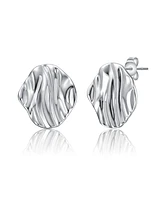 Sterling Silver White Gold Plated Rippled Surface Stud Earrings