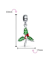 Bling Jewelry Christmas Charm Bead Green Mistletoe Holly Dangle Sterling Silver for Bracelets