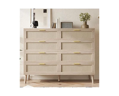8 Drawer Rattan Dresser, 47.2" x 15.7" x 37" Rattan Chest of Dressers, Mid Century Modern Dresser for Closet with Handles, Large Table Top, Dresser Be