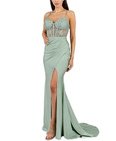 B Darlin Juniors' Strappy Sequinned-Lace Illusion-Corset Maxi Dress