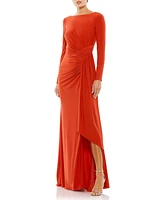 Women's Ruched Long Sleeve Boat Neck Gown