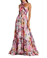 Women's Asymmetrical Ruffled Halter Floral Gown