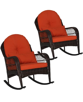 2PCS Patio Wicker Rocking Chair W/Seat Back Cushions & Lumbar Pillow Balcony