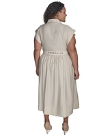 Dkny Plus Cap-Sleeve Belted Midi Shirtdress