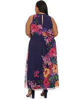 London Times Plus Placement-Print Maxi Dress