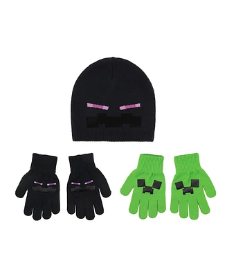 Minecraft Boys Creeper & Enderman 3-Piece Beanie & Gloves Set