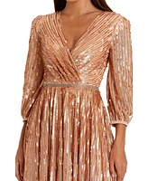 Women's Sequined Wrap Over 3/4 Sleeve Gown