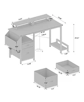 47" Office Desk with Power Outlet, 2 Monitor Stands, 2 Drawers, Side Pocket, Easy to Assemble, Frame Stability Reversible, Use for Home Desk, Computer