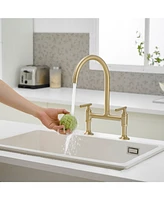 Modern Double Handle 2-Holes Deck Mount Bridge Kitchen Faucet with 360 Swivel Spout Sink Faucet